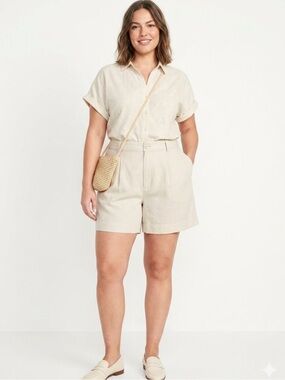 Old Navy Taylor Linen-Blend Pleated Trouser Shorts Cream Beige  Soft Girl 14